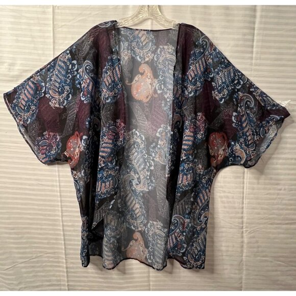 Sheer Paisley Open-Front Kimono Cardigan XXL Lightweight Boho Purple Blue Black - Picture 1 of 15